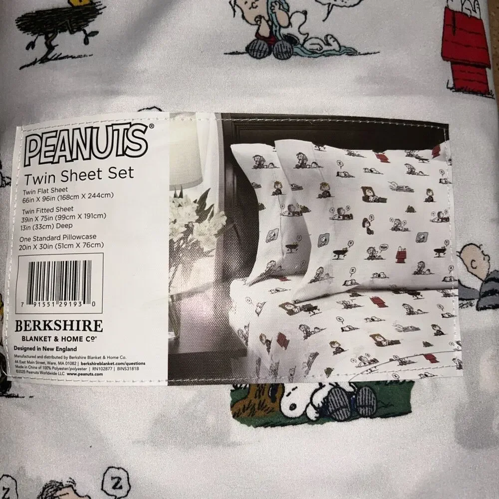 Peanuts Twin Sheet 3 Piece Set by Berkshire Co. Snoopy & Woodstock NWT